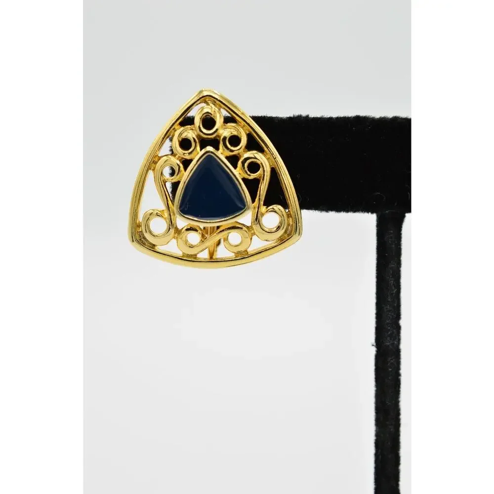 Vintage Triangle Clip Earrings Gold Tone Navy Blue Enamel Geometric NOS 1980s W4